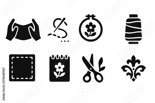 Artisan Icon Set. Handmade craftsmanship. Filled icon set of handmade craftsmanship: artisan hands, needlework