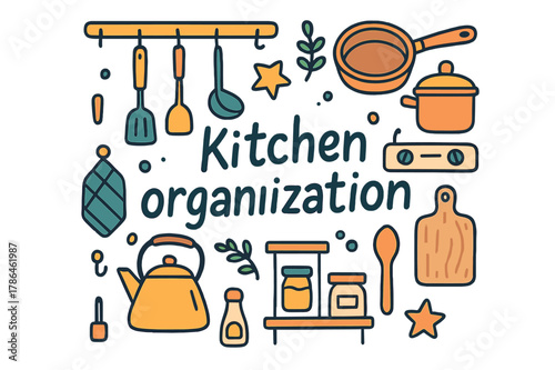 Doodle Kitchen Essentials. Kitchen organization. Hand-drawn doodle illustration of kitchen organization.