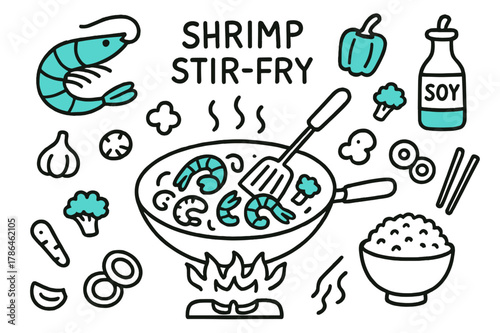 Shrimp Stir-Fry Doodle. // Shrimp stir-fry. Hand-drawn doodle illustration Shrimp stir-fry [shrimp (accented), wok pan (accented), spatula (accented), bell
