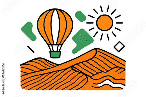 Balloon Over Sand Dunes. Desert exploration. Balloon drifting above textured dunes, abstract floating