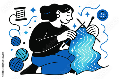 Vibrant Textile Creation. Knitting and sewing. Colorful yarns, needles, and glowing fabric patterns forming