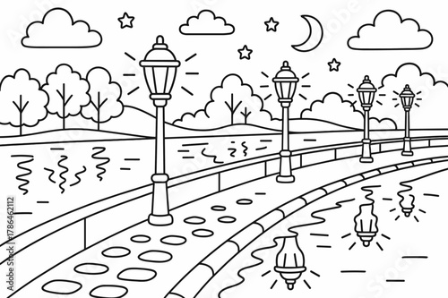 Evening River Walk. Evening lights on the embankment children?s coloring book illustration, outlined drawing, glowing streetlamps along a calm river path with