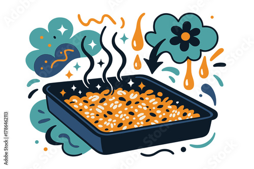 Granola Magic Baking. Baking in the oven. Glowing tray of granola with abstract floating heat waves, sparkling