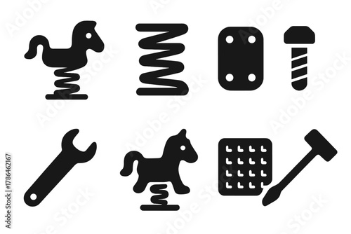 Playground Spring Rider Icons. Spring rider base. Filled icon set of spring rider base: playground spring
