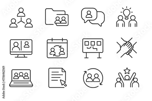 Collaborative Icons Grid. Collaboration. Line icon set of Collaboration: people connecting lines, shared folder, chat bubble, brainstorming, video call,
