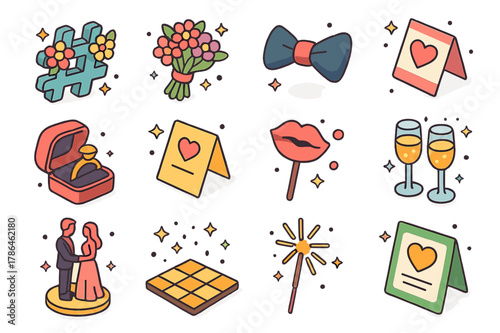 Wedding Hashtag Icons. Wedding hashtags. Colorful isometric vector icons set of Wedding hashtags: floral hashtag sign, bride bouquet, groom bow tie, save the