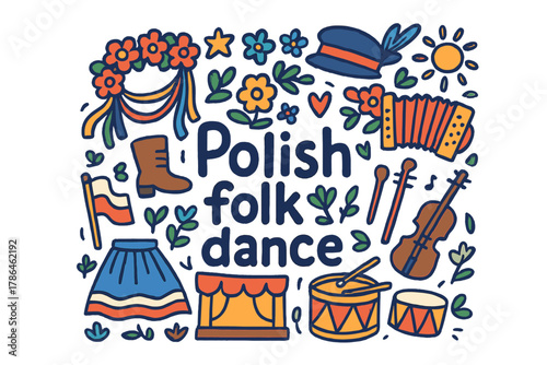 Polish Folk Dance Doodle. Polish folk dance. Hand-drawn doodle illustration of Polish folk dance. Floral crown
