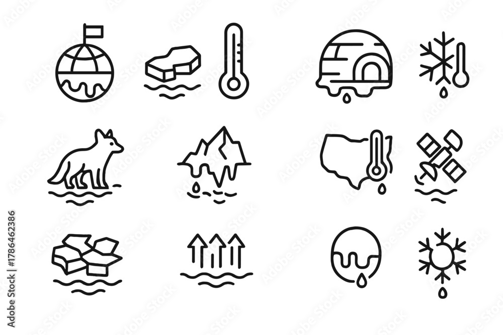 Fototapeta premium Arctic Melting Icons. Arctic melting. Line outline icon set of Arctic melting: North Pole globe, ice floe