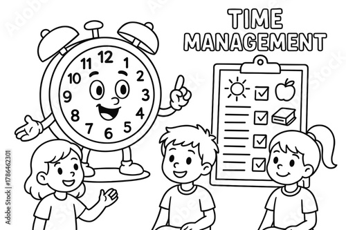 Time Management Clock. Time management children?s coloring book illustration, outlined drawing, happy clock