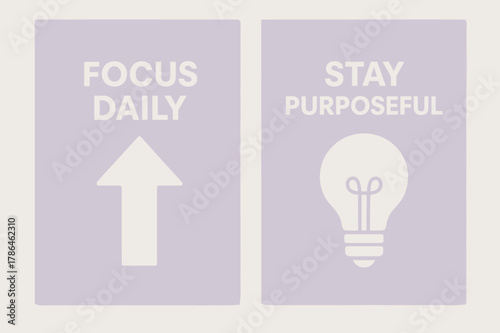 Focus and Purpose Banners. Focus daily. Two vertical A6 banners with safe margins, centered composition, no elements touching edges, minimal, lavender and