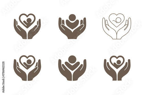 Heart Cradle Logos. New parent life. Set Logo of New parent life: hands forming heart cradle. harmonious logo variations of the same emblematic concept, each