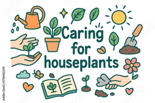 Houseplant Care Doodle. Caring for houseplants. Hand-drawn doodle illustration of caring for houseplants.