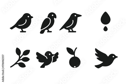 Birds Seed Dispersal Icons. Birds and seed dispersal. Filled icon set of birds and seed dispersal: sparrow,