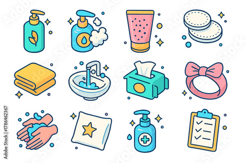 Skincare Essentials Icons. Skincare hygiene. Colorful isometric vector icons set of Skincare hygiene: face cleanser bottle, foaming soap, gentle exfoliating
