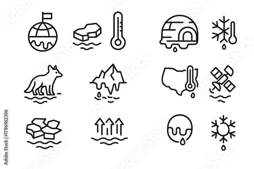 Arctic Melting Icons. Arctic melting. Line outline icon set of Arctic melting: North Pole globe, ice floe