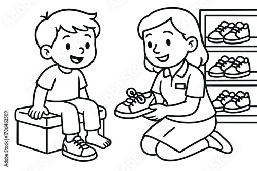 Shoe Fitting Fun. Shoe fitting children?s coloring book illustration, outlined drawing, child trying on shoes
