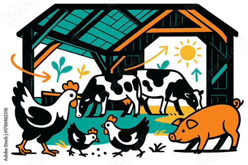 Pastoral Farm Life. A barn with chickens and other farm animals roaming freely. A rustic barn with glowing
