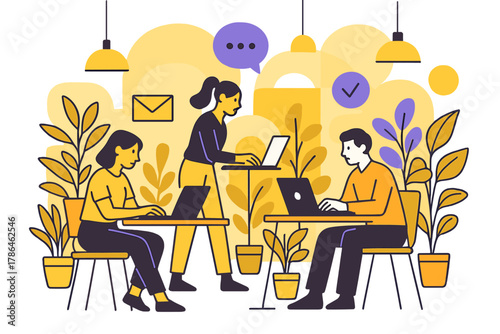 Modern Office Harmony. Open Office Design. Employees work on sleek laptops in a bright, plant-filled space;