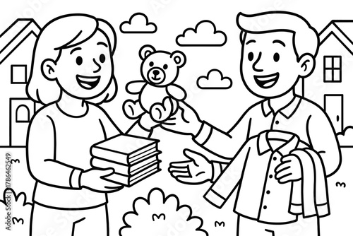 Neighbors Sharing Joy. Sharing economy children?s coloring book illustration, outlined drawing, smiling