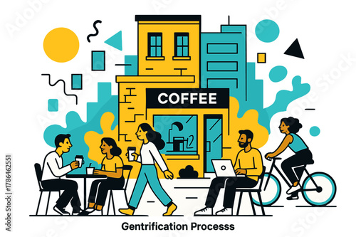 Chic Urban Coffee Scene. Gentrification Processes. People enjoying a trendy coffee shop in a renovated neighborhood with floating abstract geometric shapes,