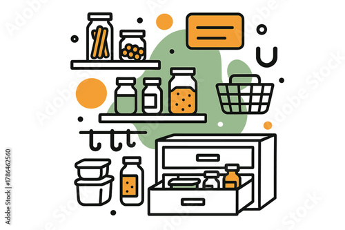 Organized Kitchen Storage. Kitchen storage. Drawers and shelves with jars, containers, and floating abstract