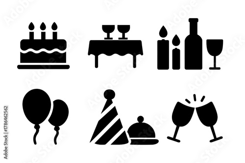Celebration Meals Icons. Celebration meals. Filled icon set of celebration meals: birthday cake, festive table
