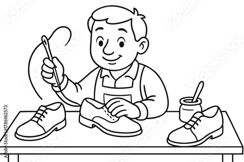 Cobbler Coloring Fun. Shoe maker children?s coloring book illustration, outlined drawing, friendly cobbler