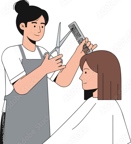 Professional Female Hairdresser Cutting Client s Hair with Scissors and Comb Illustration