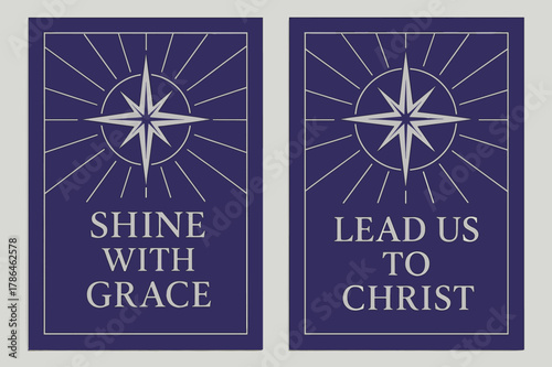 Radiant Star Banners. Morning Star. Two vertical A6 banners with safe margins, centered composition, no elements touching edges, geometric, royal purple and
