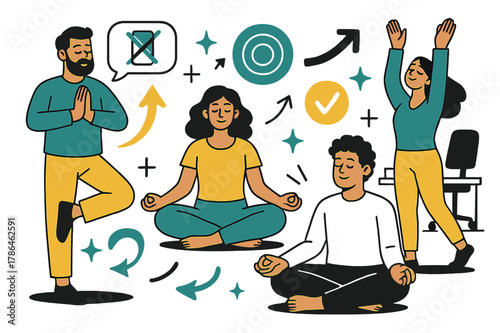 Office Yoga Retreat. Digital detox for employees. Team in office taking a break from screens, engaging in yoga and meditation with abstract floating icons,