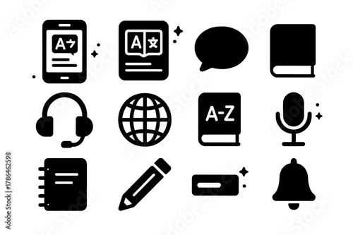 Language App Icons. Exploring a Language Learning App. Solid icons set of Exploring a Language Learning App: smartphone, app interface, chat bubble, book,