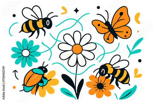 Pollinators in Harmony. Pollinators at work. A garden view with bees, butterflies, and beetles buzzing over