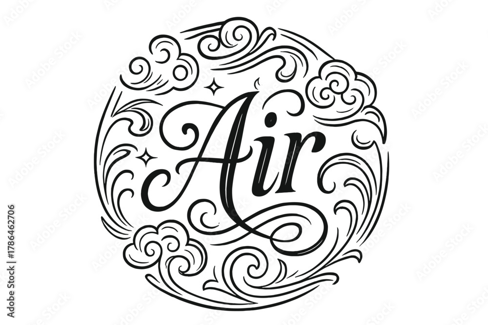 Obraz premium Elegant Ornamental Air Lettering. Air ? flourished classic ornamental lettering; medium-weight strokes with elegant swashes and balanced curls; circular