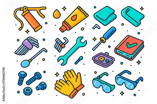 Outdoor Maintenance Icons. outdoor play maintenance. Colorful isometric vector icons set of outdoor play maintenance: grease gun, lubricant tube, microfiber