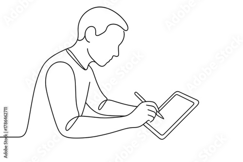 Minimalist Tablet Sketch. Reading and Research. Minimalistic one-line drawing person highlighting text on