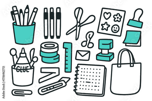 Stationery Essentials Doodle. // Stationery haul. Hand-drawn doodle illustration Stationery haul [pen cup (accented), brush pens (accented), washi stack