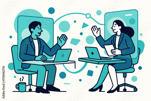 Virtual Teamwork. Remote Collaboration. Two professionals communicate through large holographic screens across