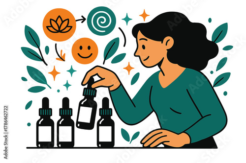 Mindful Aromatherapy Selection. Aromatherapy oils. Person selecting essential oils from collection with abstract floating icons, leaves, and sparkles; conveys
