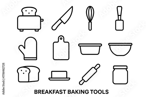 Breakfast Baking Tools. Breakfast baking tools. Line outline icon set of breakfast baking tools: toaster,