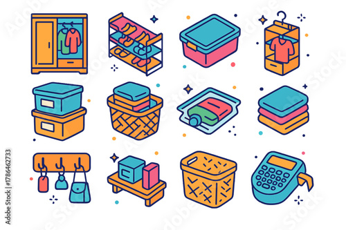 Colorful Storage Icons. Home organization storage. Colorful isometric vector icons set of Home organization storage: wardrobe, shoe rack, under-bed box,