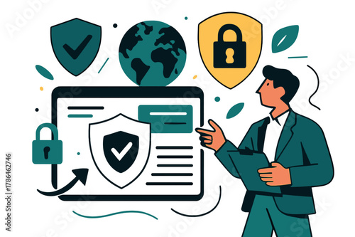 Global Privacy Compliance. Online privacy laws and their global implications. Businessperson reviewing compliance dashboard with abstract floating shields,