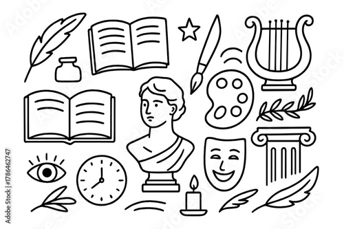 Artistic Literature Doodles. Artistic influences in literature and poetry. Hand-drawn doodle illustration Artistic influences in literature and poetry quill,