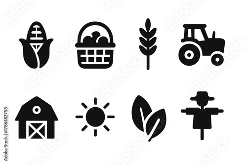 Harvest Icon Set. Harvest season. Filled icon set of harvest season: corn cob, basket, wheat stalk, tractor,