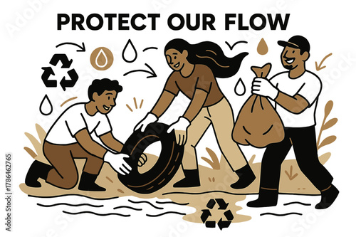 River Cleanup Volunteers. River Ecosystem ? River Cleanup. Volunteers lift debris with gloved hands; floating icons of recycling and water drops circle around.