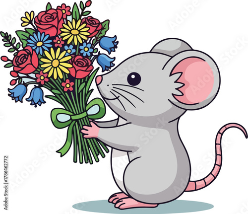 Cute Cartoon Mouse Holding a Vibrant Bouquet of Flowers for Valentine s or Birthday