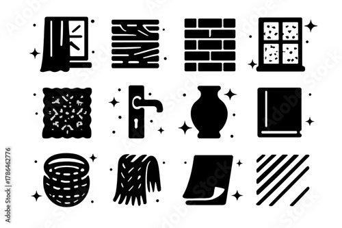 Window Texture Icons. Window Light and Textures. Solid icons set of Window Light and Textures: linen curtain, wood grain sill, brick wall, frosted glass, lace