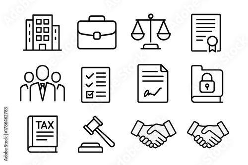 Corporate Law Icons. Corporate Law. Line icon set of Corporate Law: building silhouette, briefcase, balance scale, business contract, legal team, compliance