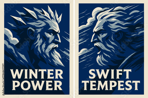 Winter Power Banners. Storm Herald. Two vertical A6 banners with safe margins, centered composition, no elements touching edges, bold, cobalt and ice gray,