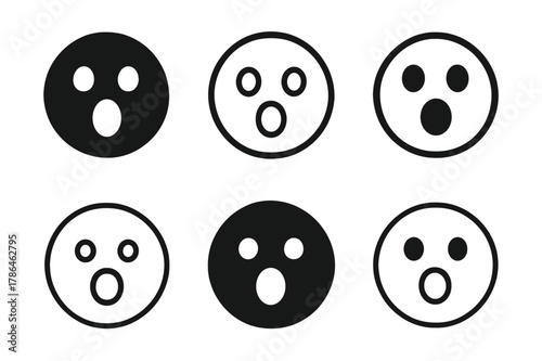 Shocked Emoji Variations. Shocked emoji. Set Logo of Shocked emoji: round face with O-mouth. harmonious logo variations of the same emblematic concept, each