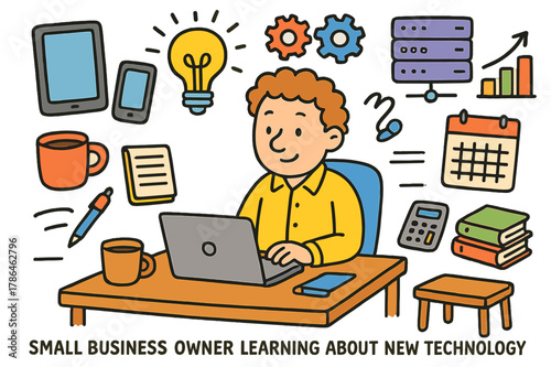 Tech-Savvy Business Owner. small business owner learning about new technology. Colorful Hand-drawn doodle Children illustration small business owner learning